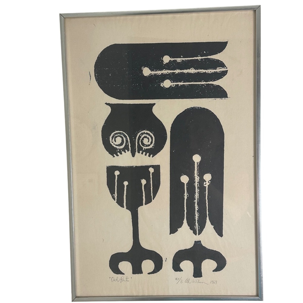 MCM Print "Owl Parts" Modernist cubist Folk Art sculptor Al Wilson 3/3 1969